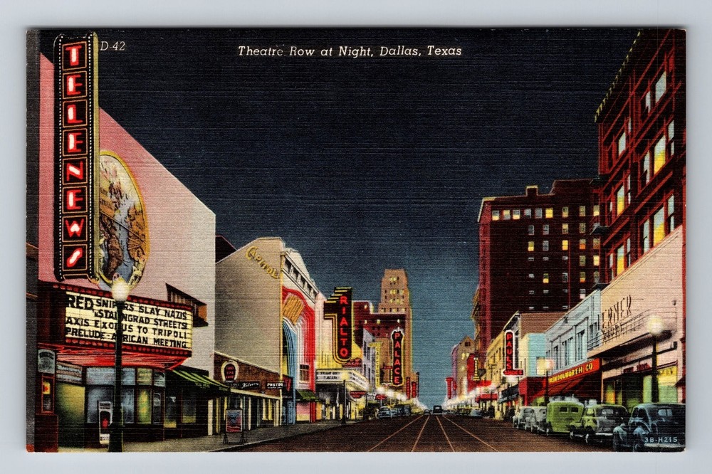 Dallas, TX-Texas, Theatre Row Elm Street Neon Lights Night Vintage Postcard