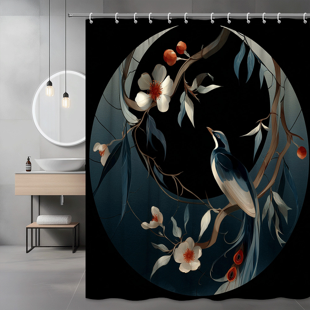 Bird Floral Shower Curtain Blue Botanical Print