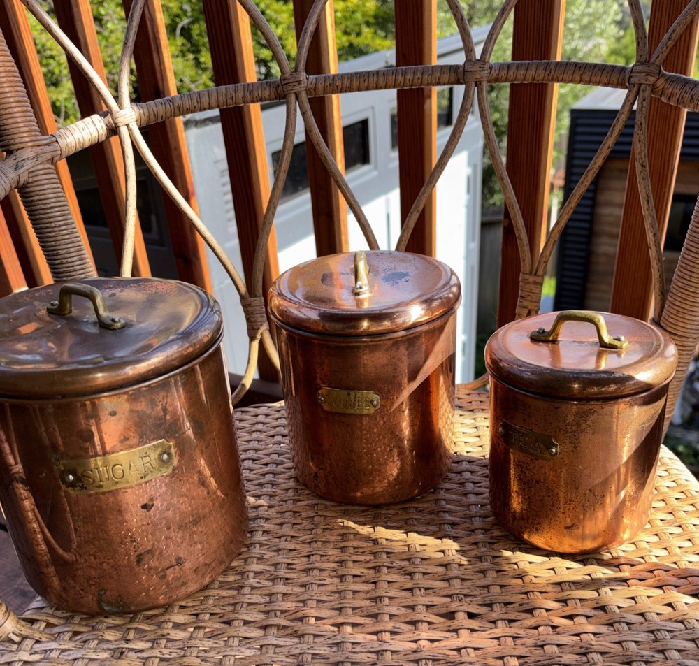 Antique Style Copper Nesting Canisters Set 3 Brass Labels Farmhouse Kitchen