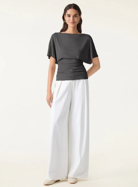 OGL Sandwashed Effortless Boatneck Batwing Sleeve Side Ruched Top, Shadow