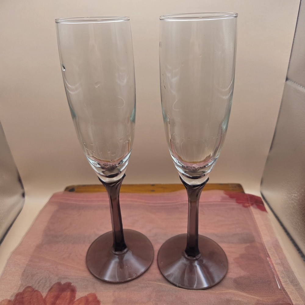 Vintage Set of 2 Libbey Domaine Amethyst Purple Petal Stem Champagne Flutes 9