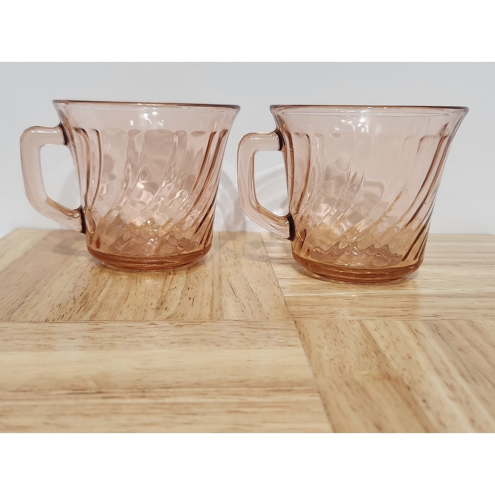 Vintage Fortecrisa Mexico pink depression glass set tea cups of 2 1970s