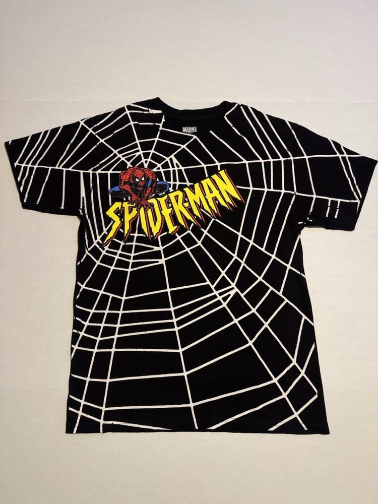 Marvel Spider-Man All Over Web Graphic T Shirt Black MD Comic Tee