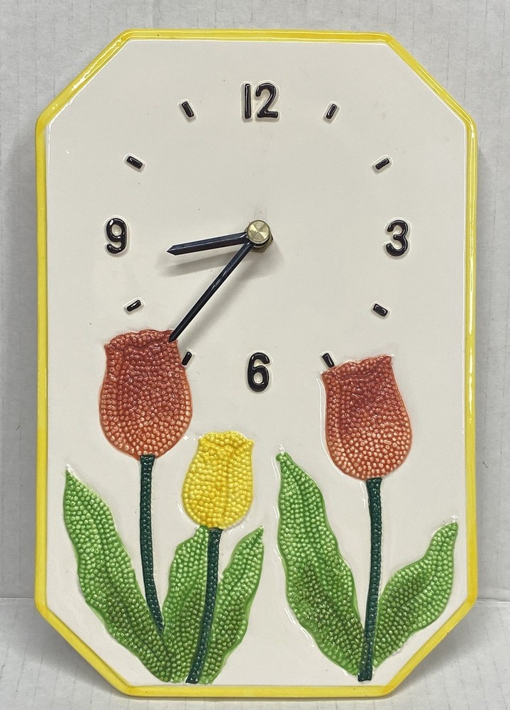 Vintage Ceramic OTAGIRI Wall Clock - White with Red & Yellow Tulip Flowers