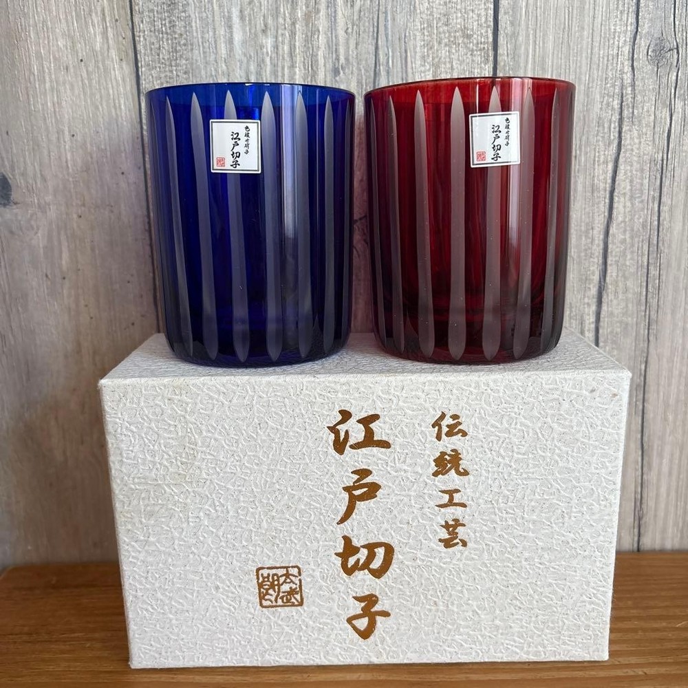 Taburo Studio Edo Kiriko Tokusa Old Fashioned Pair Glass Set of 2 Boxed Japan