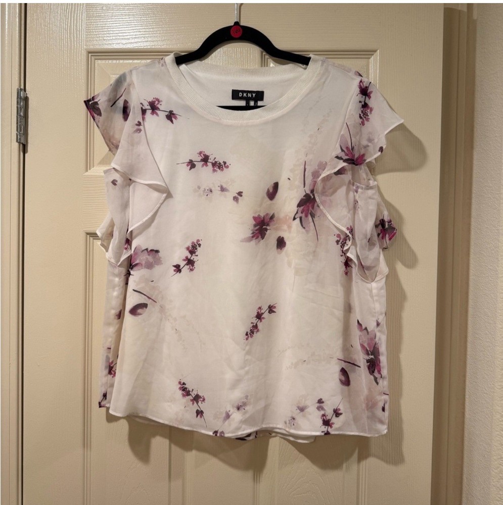 DKNY White Blouse Floral Top Size Small