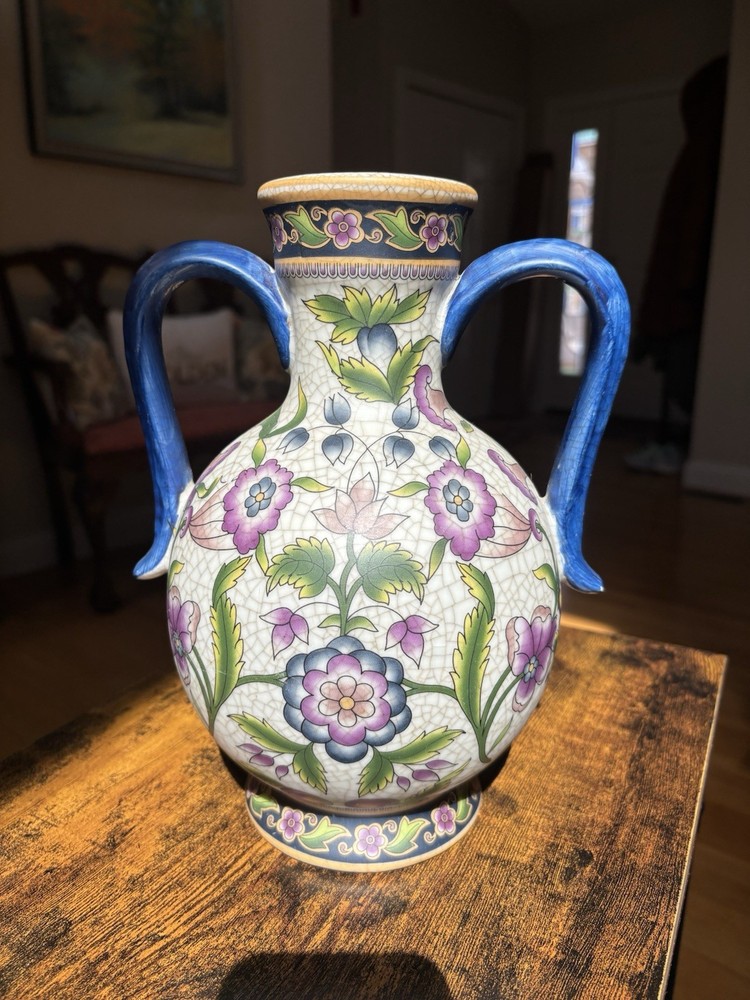 Vintage Large Ceramic Vase With Florals And Blue Handles