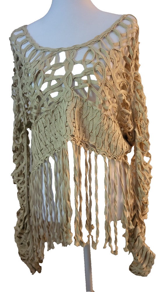 UNIF VTG Macrame Fringe Long Sleeve Top Tan Open Weave Festival Art to Wear LRG