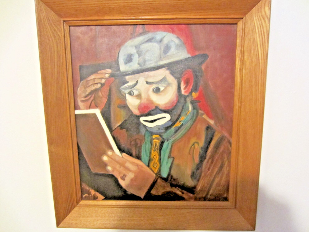 Framed Oil Painting On Cardboard /Titled Emmett Kelly Clown