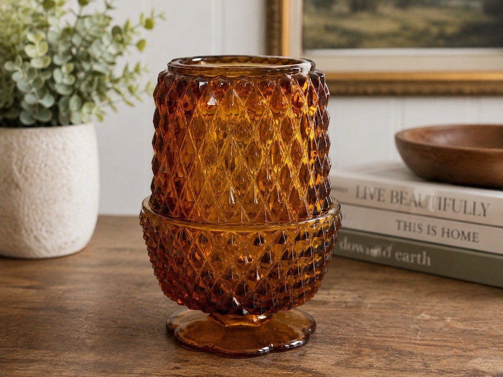 Vintage Indiana Glass Amber Fairy lamp/light Diamond Point 5 1/4” Tall Read