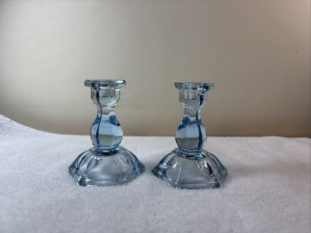 2 Tiara Light Blue Mini Glass Candlestick Candle Holders Tea Party
