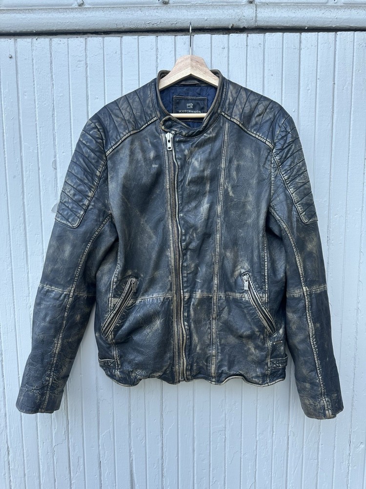 Scotch & Soda Leather Jacket Distressed Moto Biker Black Fade Size L