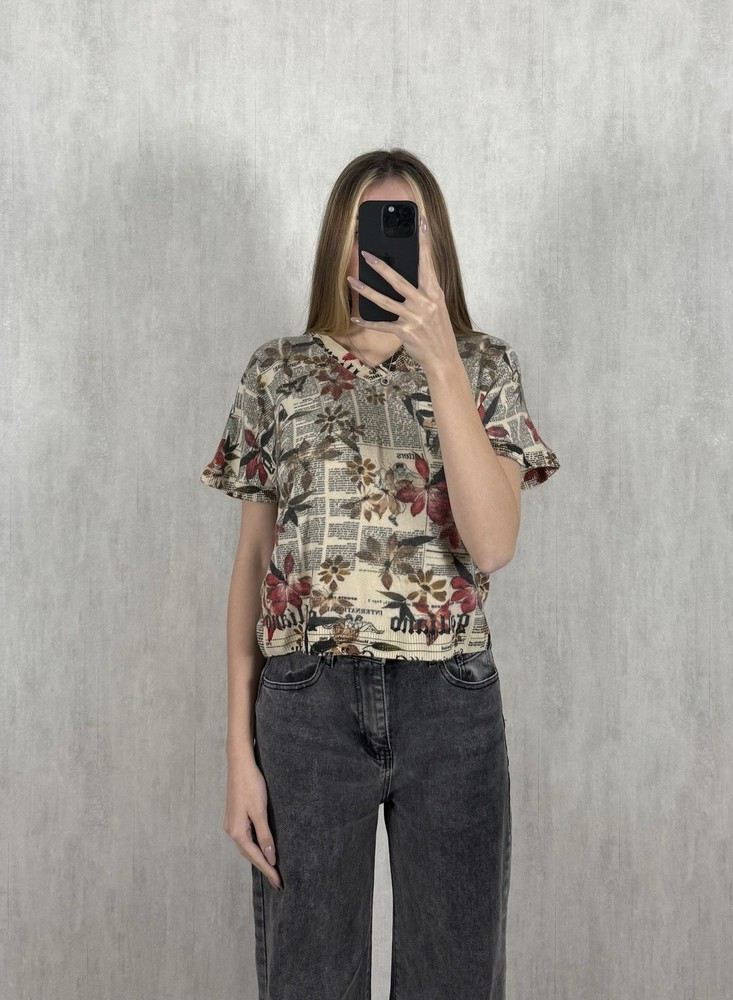 John Galliano Newspaper Floral Print Women’s V-Neck Wool T-Shirt Size S-M