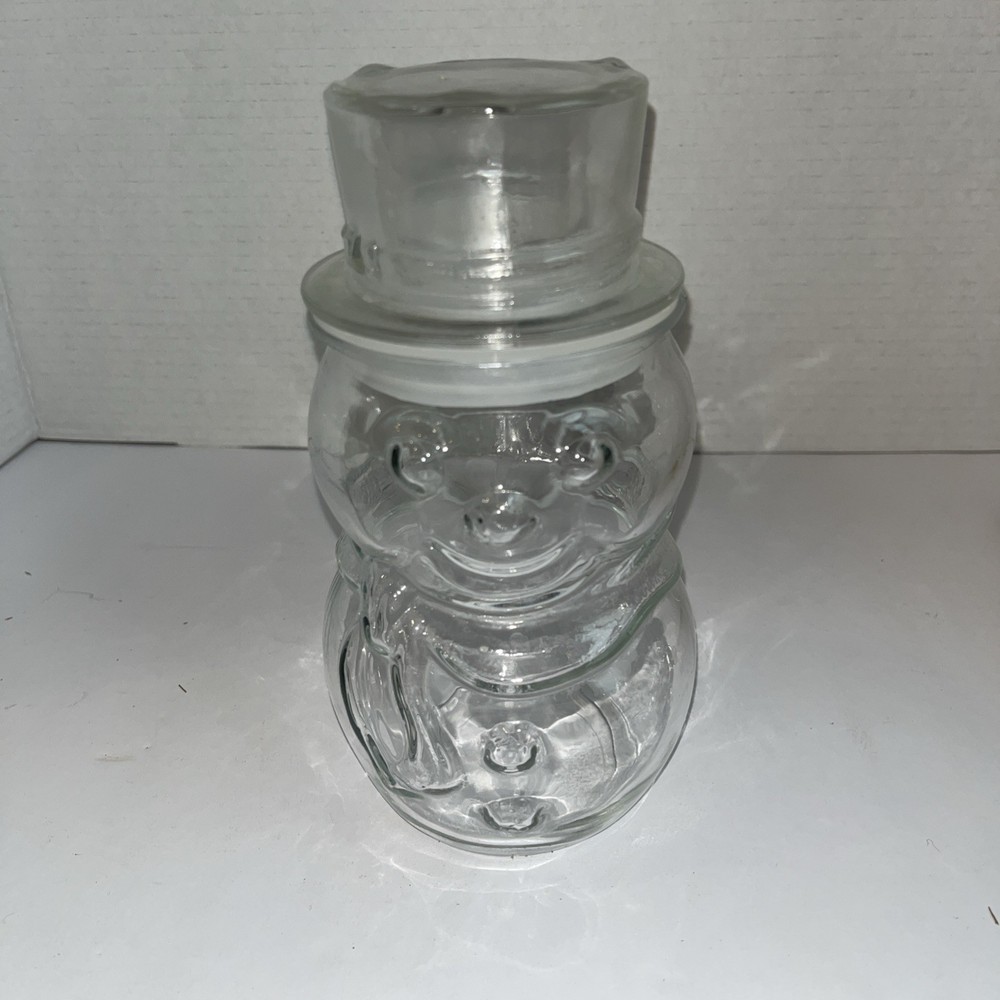Libbey Clear Glass Lidded Snowman Jar Canister Christmas Holiday 8”