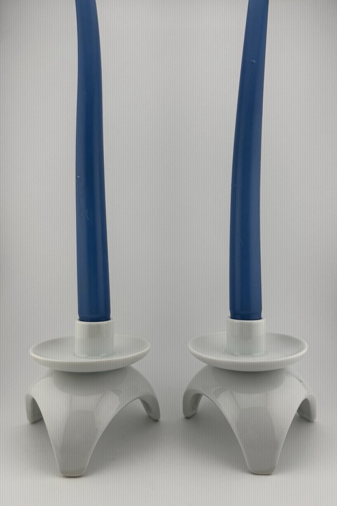 Vintage OMC Otagiri White Porcelain Tripod Taper Candlestick Holders Set of 2