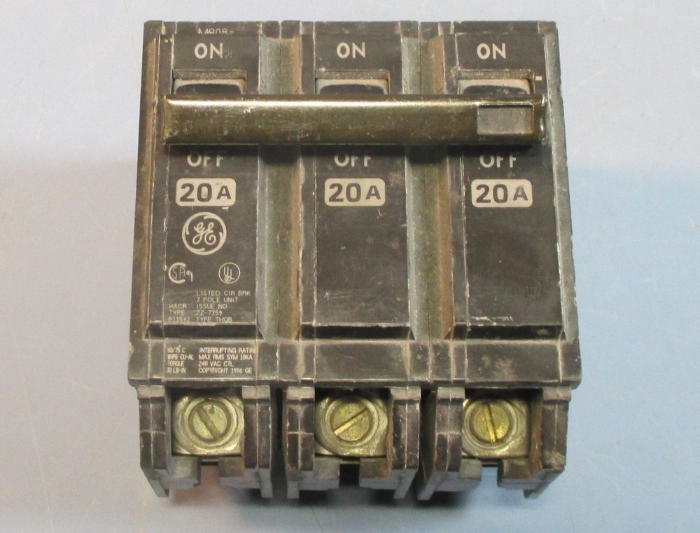 GE / General Electric THQB ZZ-7359 3 Pole 20A Circuit Breaker Used