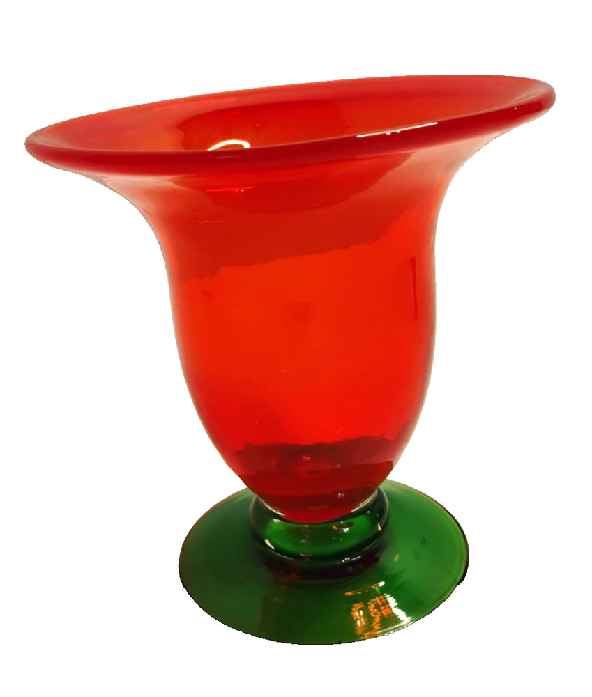 Vintage Hand Blown Art Glass Vase Ruby Red with Emerald Green Base 6 Inches Tall