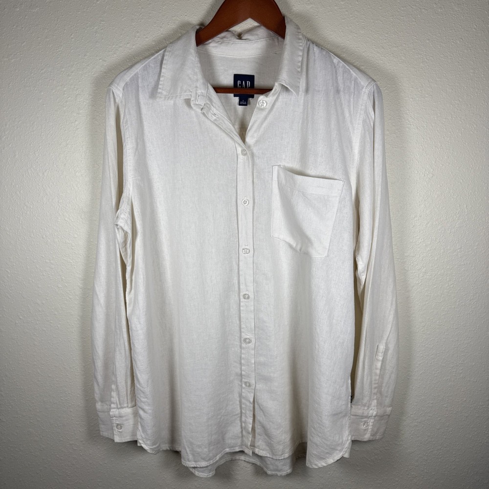 Gap Linen Blend Long Sleeve Button Down Shirt Beach Coastal Ivory L Mens Classic
