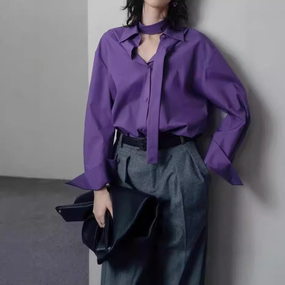 Spring Top Womens Lapel Collar Button Losoe Casual Long Sleeved Purple Top Shirt