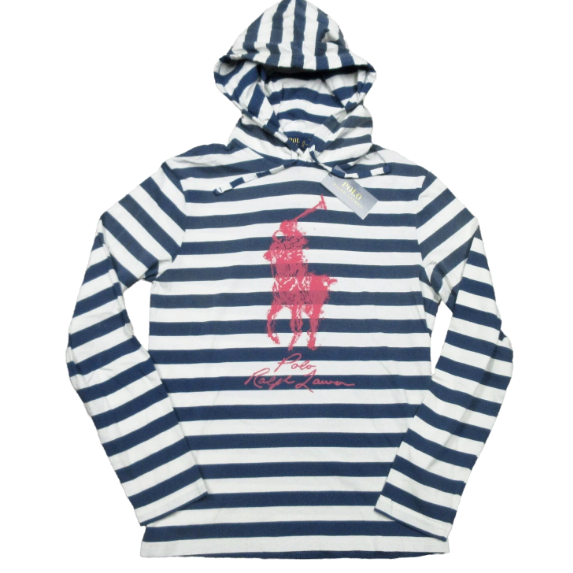 Polo Ralph Lauren men's Striped Big Pony Hooded Tee Shirt - Medium -Blue / White