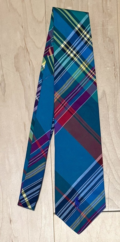 VTG Polo Ralph Lauren Madras Plaid Cotton Tie Blue Multicolor Colorful Pony USA