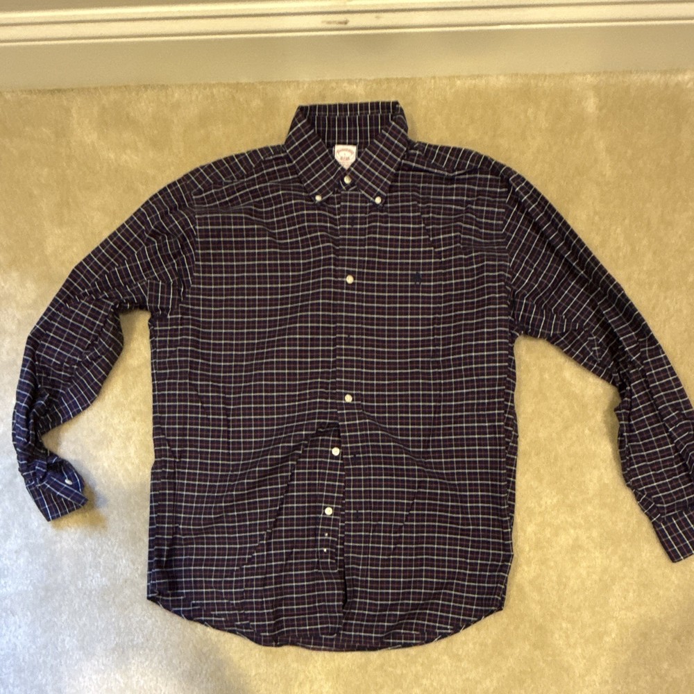 Brooks Brothers Traditional Fit L Cotton Spandex Navy Plaid Button-Down LS
