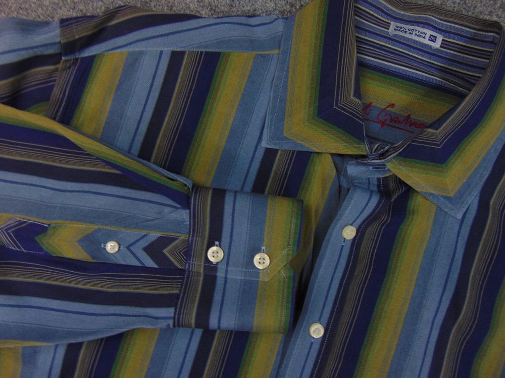 Robert Graham Shirt Mens 2XL Button Down Blue Striped Cotton Long Sleeve Luxury