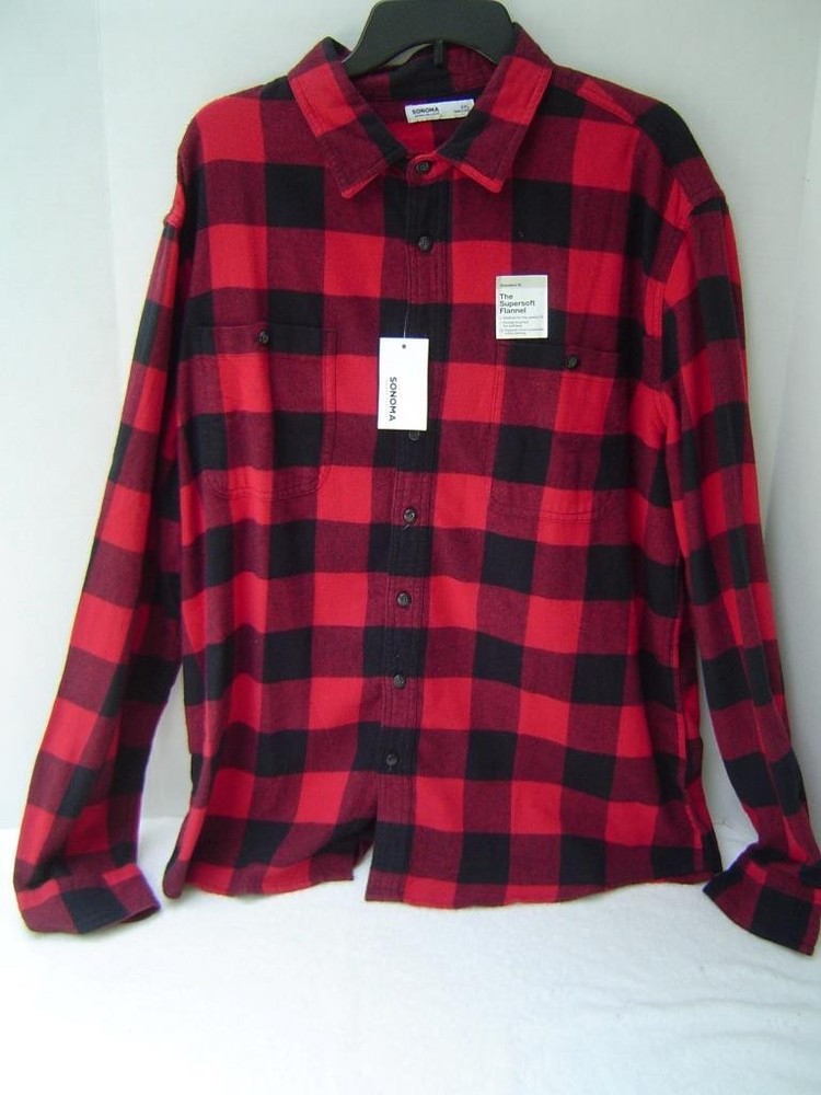 New Mens Sonoma Red And Black Buffalo Plaid Long Sleeve Flannel Shirt Size Xxl