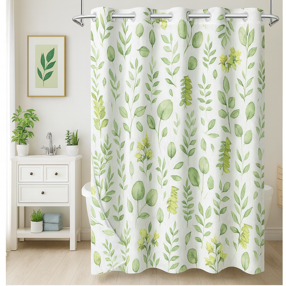 Floral Hookless Shower Curtain 71Wx74L, No Hooks Needed, Snap-In Washable Liner