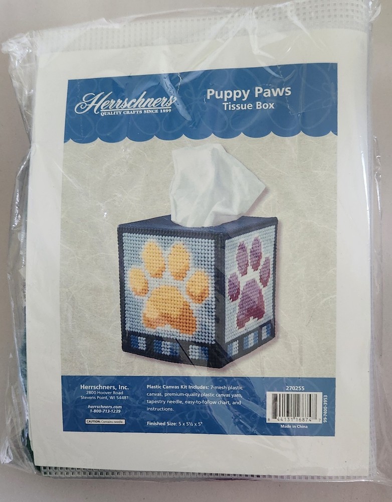 Herrschners Plastic Canvas Tissue Box Cover Kit Puppy Paws New Sealed #270255