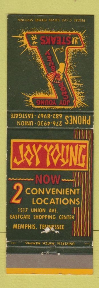 Matchbook Cover - Joy Young Chinese Restaurant Memphis TN