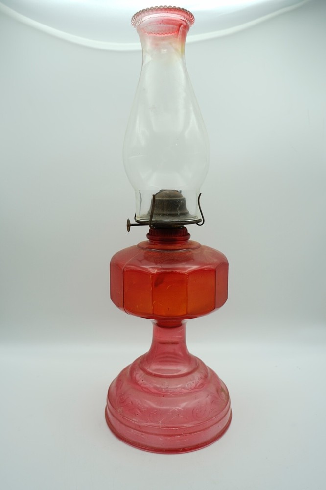 Vintage Red Embossed Glass Hurrican Oil Lamp with Clear and Red Chimney