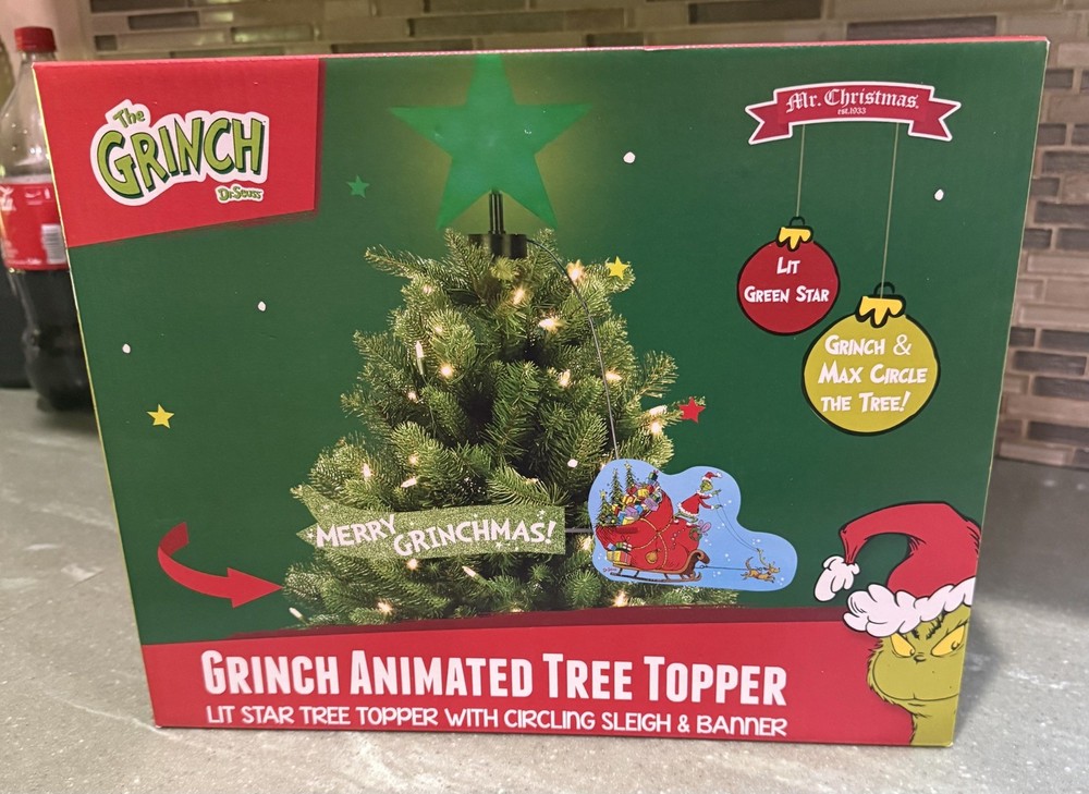 New Dr Seuss The Grinch Sleigh Animated Mr Christmas Tree Topper Merry Grinchmas