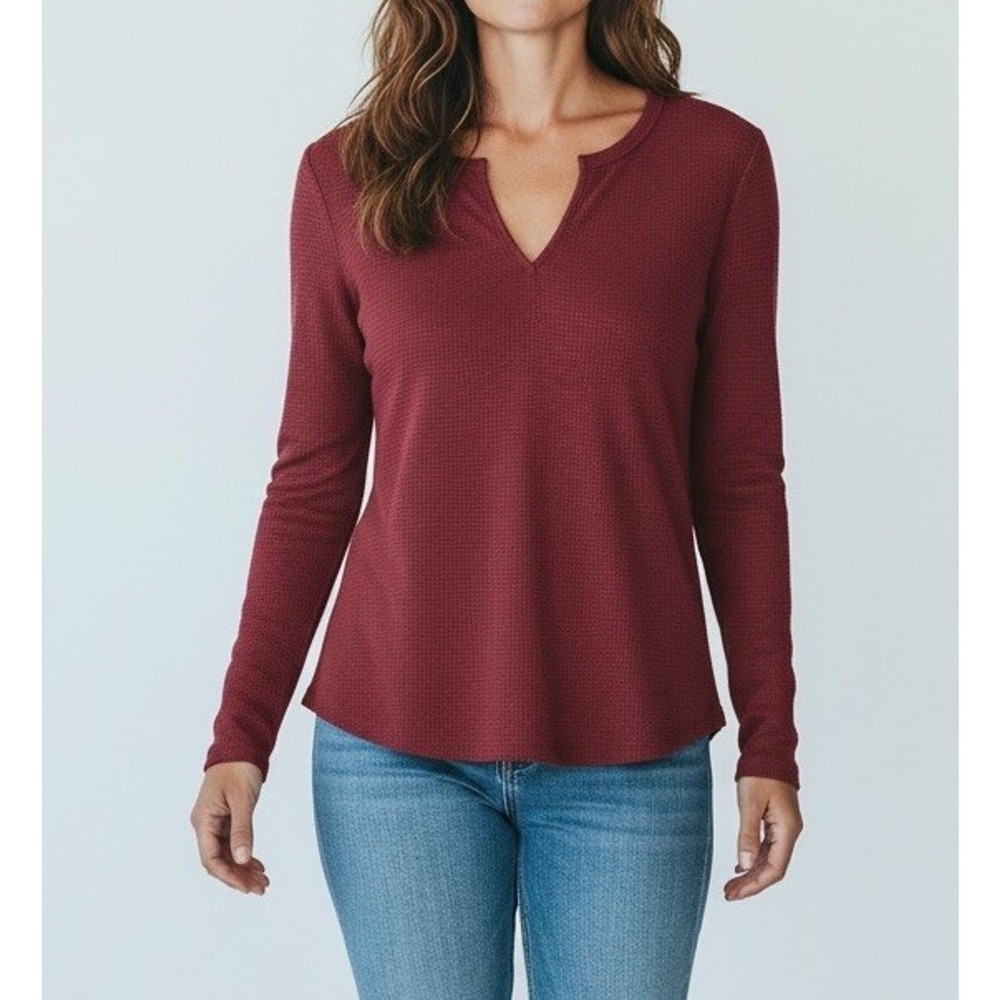 Women's V Neck Waffle Knit Henley Top Brick Red Size Small