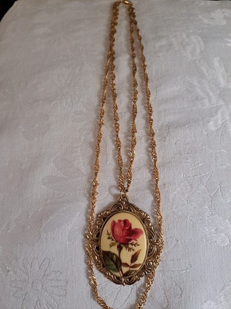 Vintage Limoges Style Pendant Necklace-Double Strand  Flower/Rose Pendant