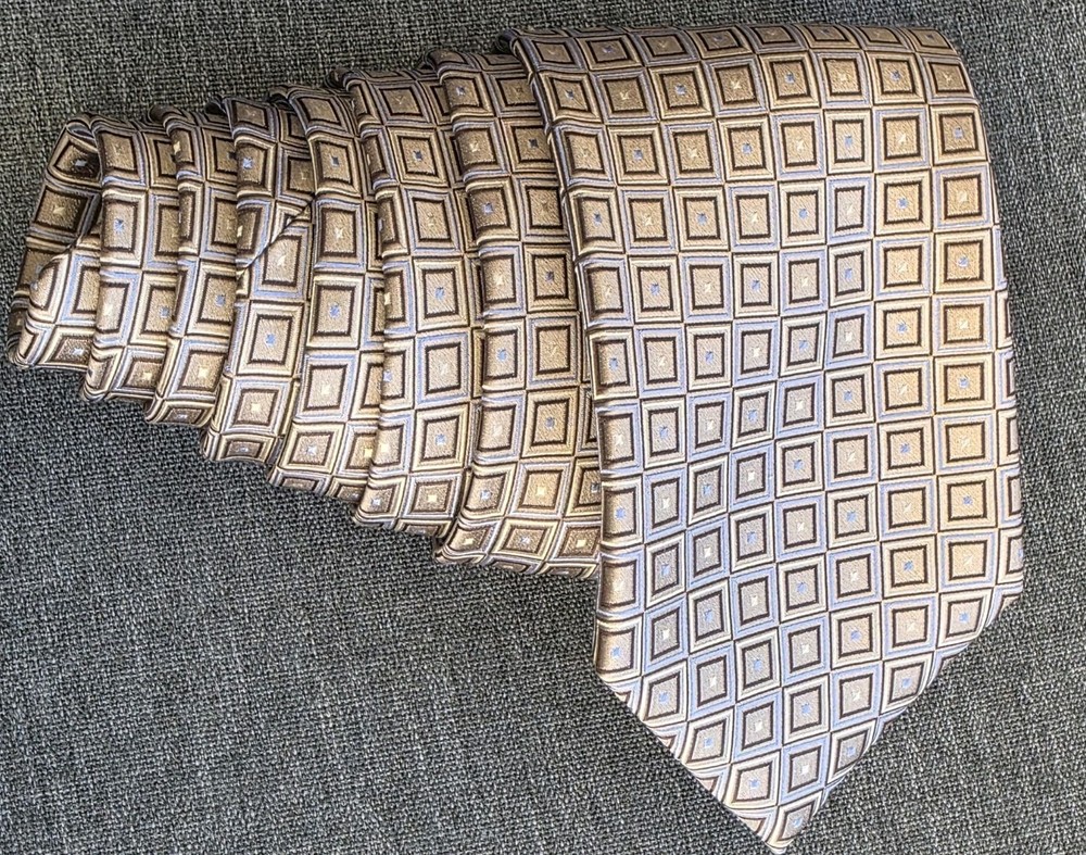 Donald J. Trump Signature Collection Silk Tie Geometric Square Pattern Gold Blue