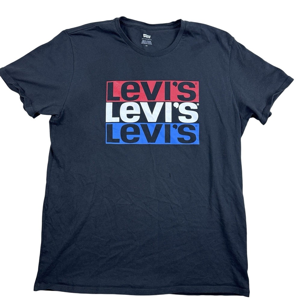 Levi's Men's L Black T-Shirt Triple Logo Red White Blue Graphic Tee 100% Cotton