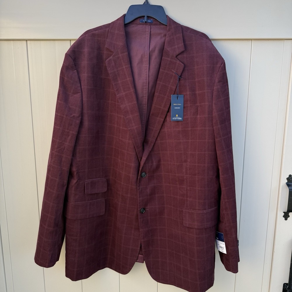 Stafford Burgundy Red Plaid Corduroy Blazer Jacket Sport Coat Men’s 52 Long $220
