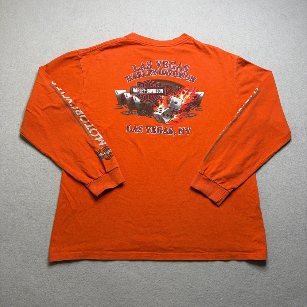 Harley-Davidson Shirt Mens L Orange Las Vegas Flaming Dice Long Sleeve Vintage