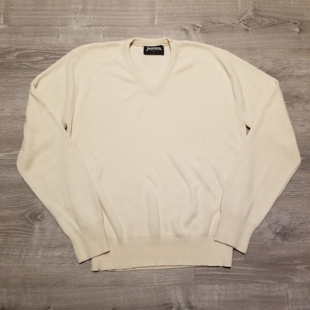 Vintage 90s Jantzen Mens V Neck Grandpa Sweater Large Ivory 100% Orlon Acrylic