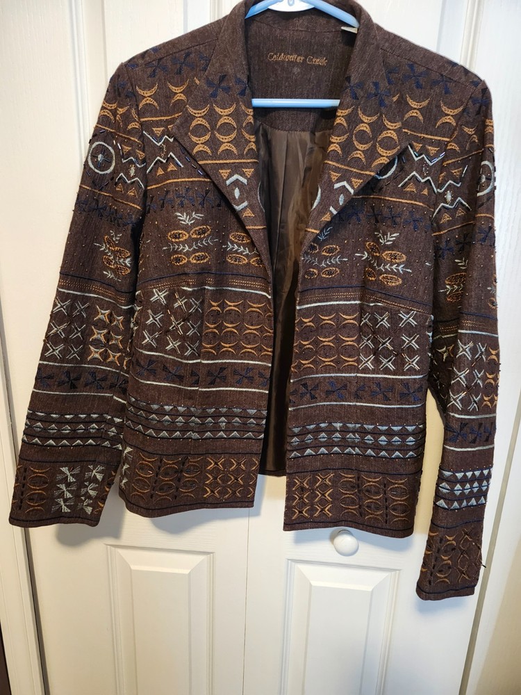 Coldwater Creek Brown  Embroidered /BEADED Jacket Sz 8 Beaded Boho