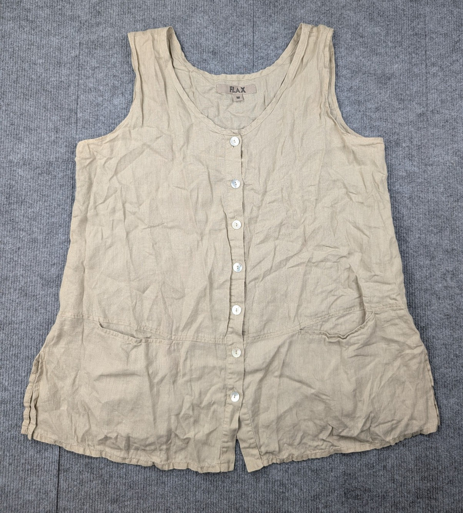 Flax Linen Blouse Womens Medium Button Front Natural Granola Boho Minimal Brown