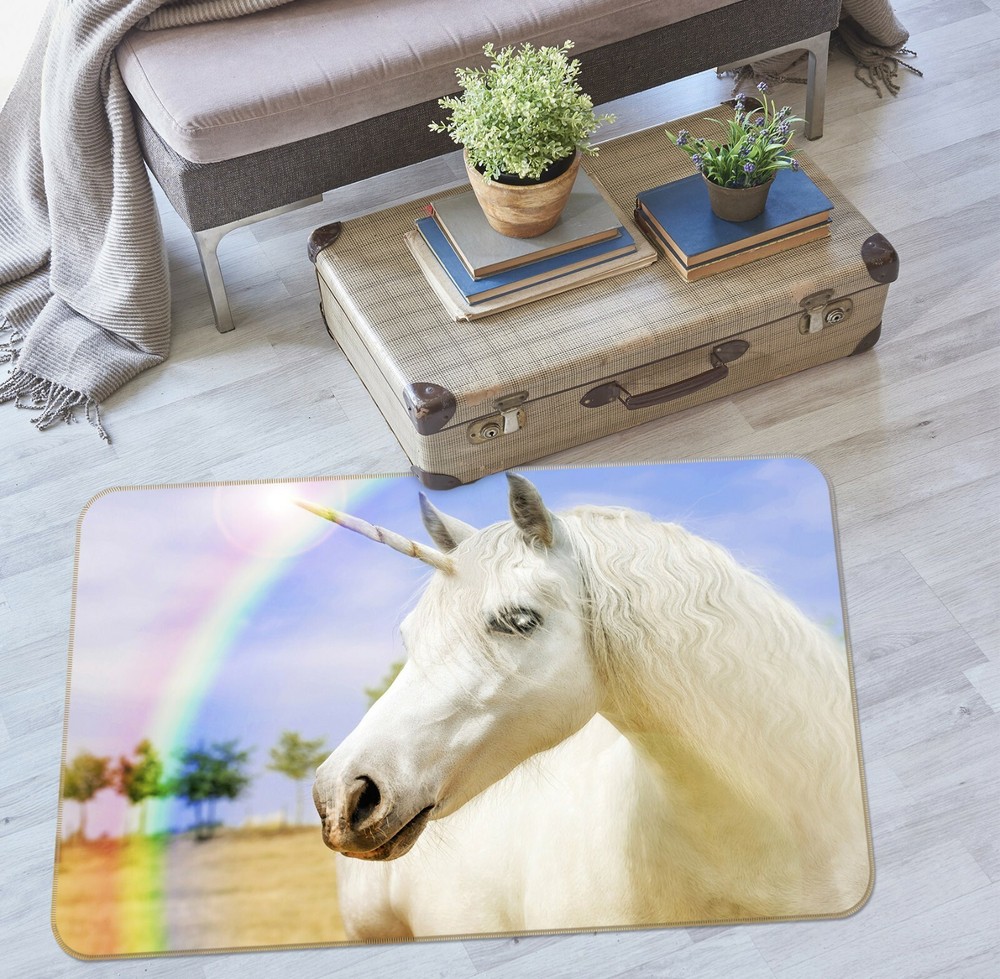 3D Rainbow White Unicorn O744 Animal Non Slip Rug Mat Elegant Photo Carpet Fay