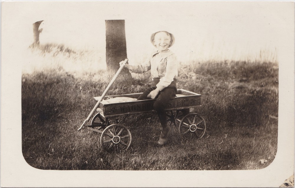 RPPC c.1907 HAPPY BOY with his WAGNER COASTER WAGON made in Cedar Falls Iowa!!!