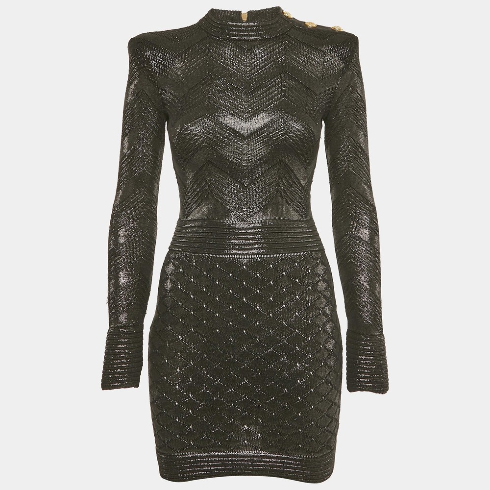 Balmain Black Lurex Patterned Knit Mock Neck Mini Dress S