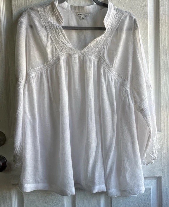 🪴Zac & Rachel Women's Plus 3X White Solid Lace Trim V-Neck  Blouse