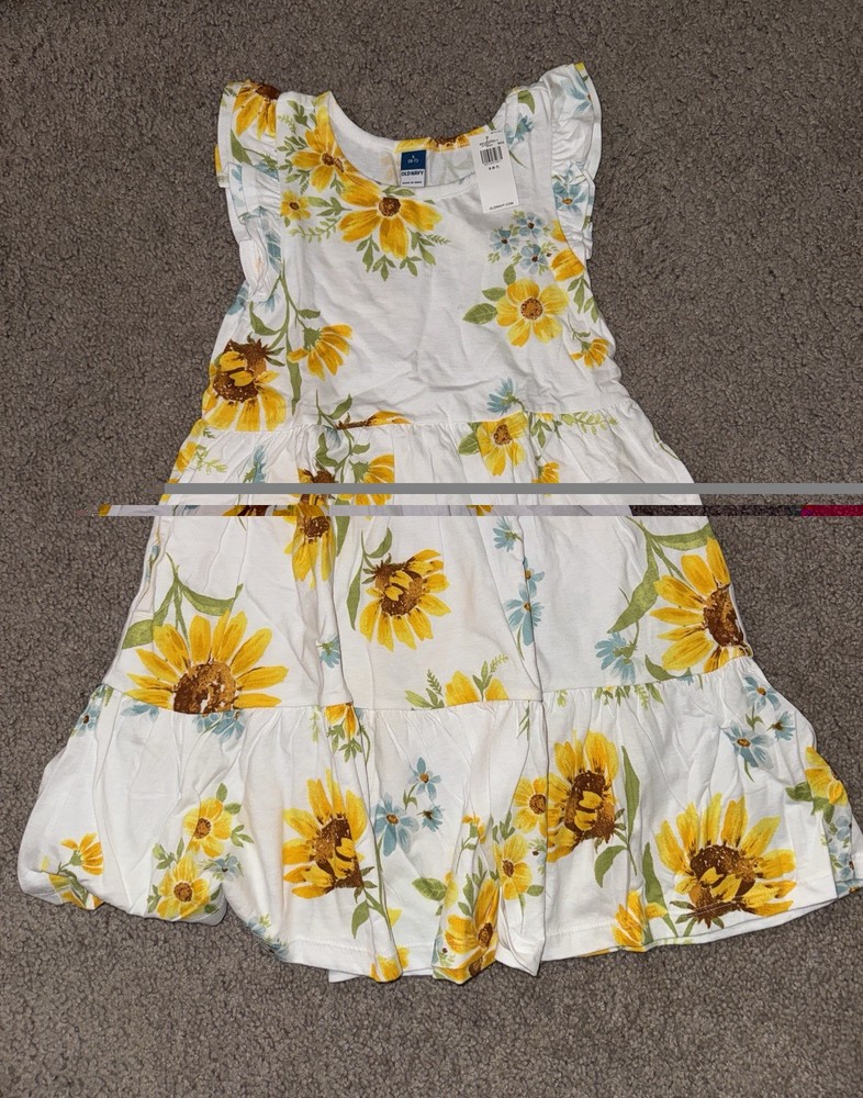 Old Navy Girls Floral Ruffle Sundress White Sunflower Knee Length Size S (6-7)