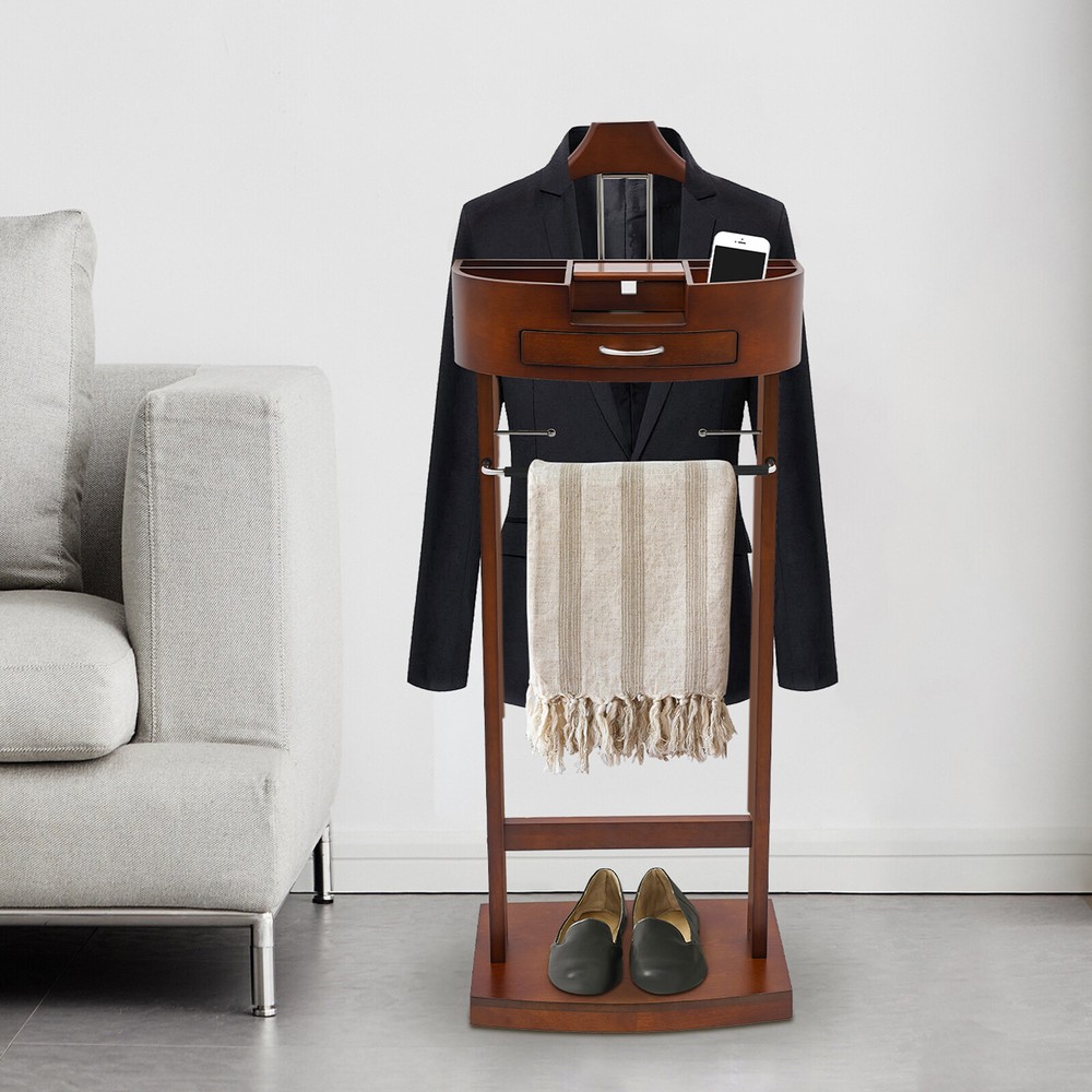 Freestanding Wood Suit Rack and Clothing Valet Stand for Wardrobe Organization  