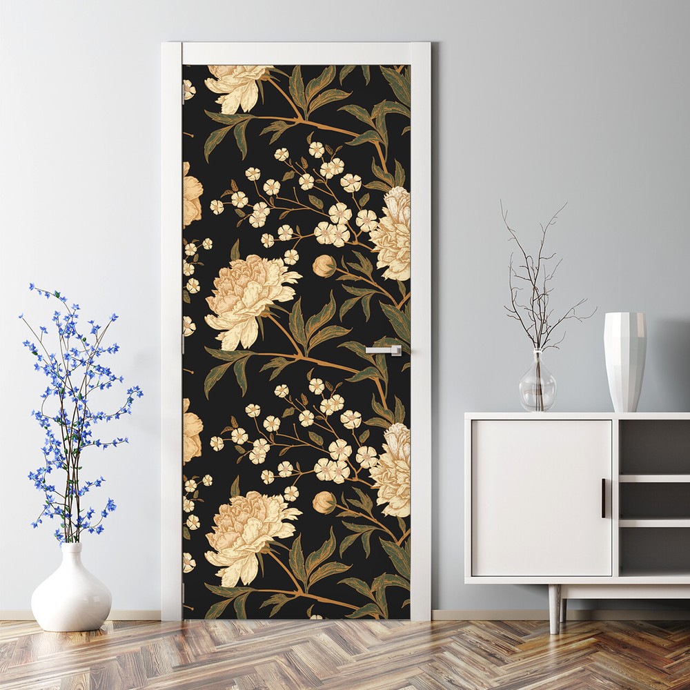 White peony bubble-free door sticker in white and brown for home decor