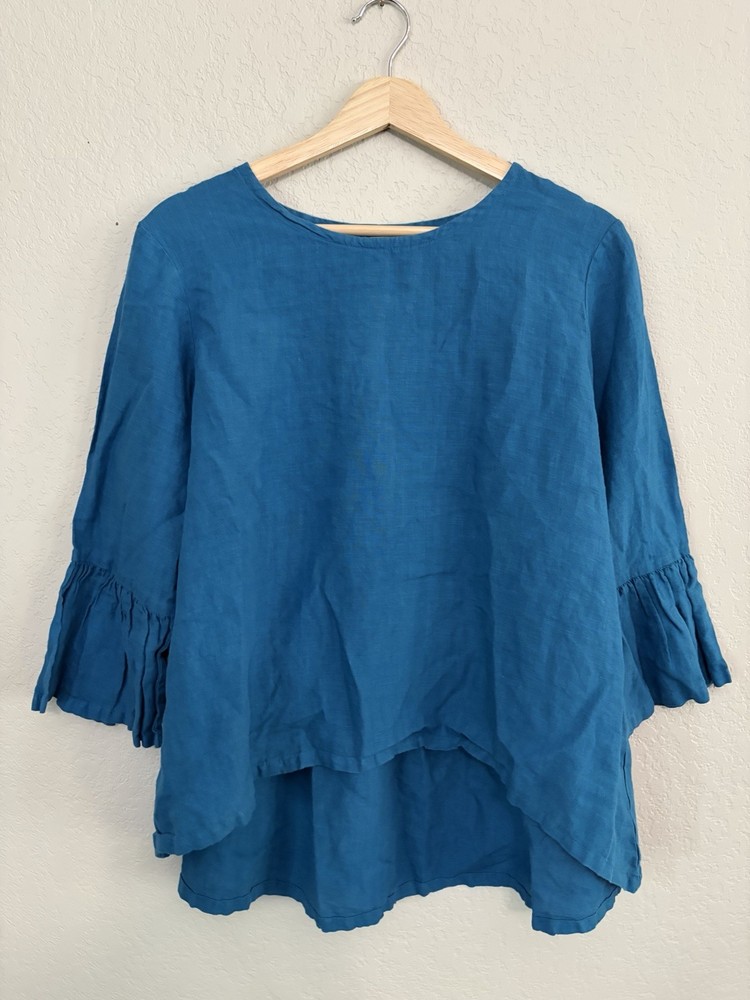 Bryn Walker Tunic S 100% Linen High-Low Boho Lagenlook Resortwear Cobalt Blue